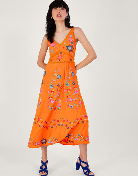 Liyana Embroidered Floral Cami Dress in Sustainable Viscose, Orange (ORANGE), large