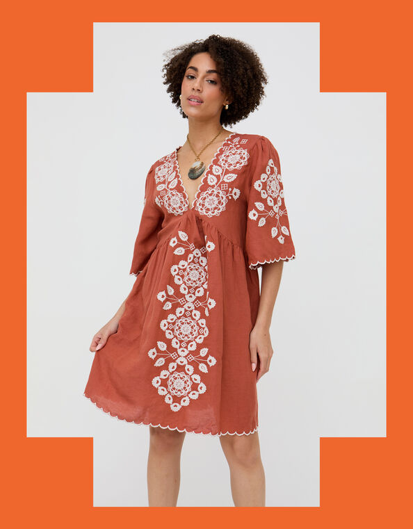 Raffya Arabella Embroidered Mini Dress, Orange (RUST), large