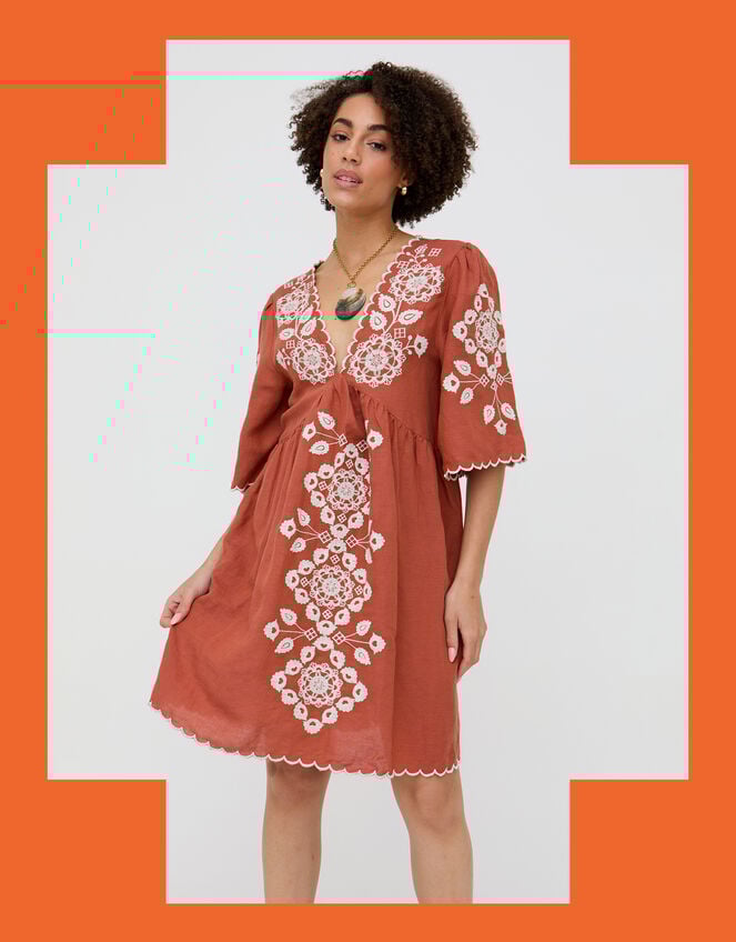 Raffya Arabella Embroidered Mini Dress, Orange (RUST), large