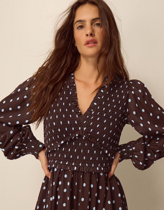 Shae Polka Dot Jersey Midi Dress, Brown (CHOCOLATE), large
