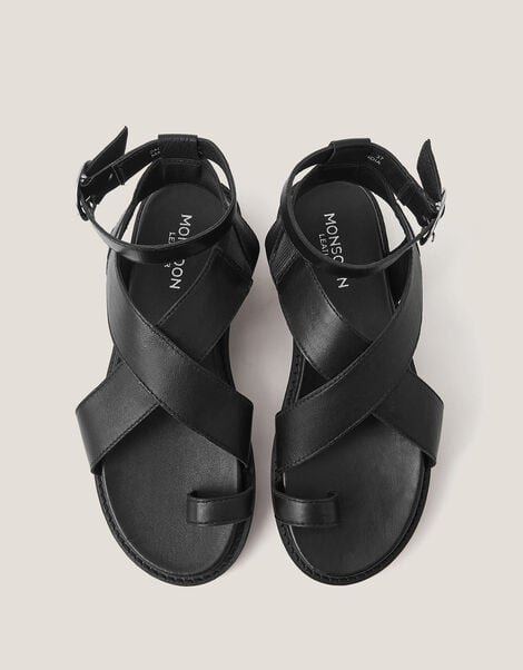 Ivy Toe Strap Crossover Leather Sandals, Black (BLACK), large