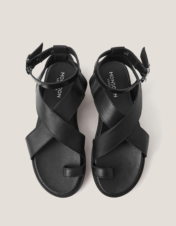 Ivy Toe Strap Crossover Leather Sandals, Black (BLACK), large