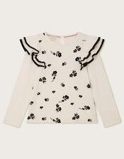 Floral Flock Print Long Sleeve Top, Ivory (IVORY), large
