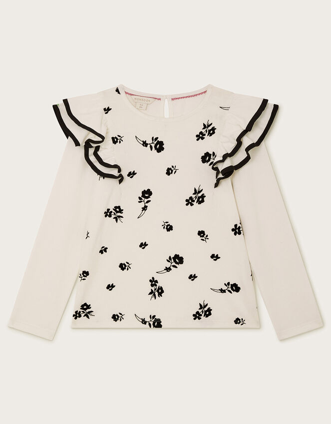 Floral Flock Print Long Sleeve Top, Ivory (IVORY), large