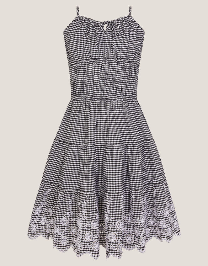 Embroidered Gingham Sun Dress, Black (BLACK), large