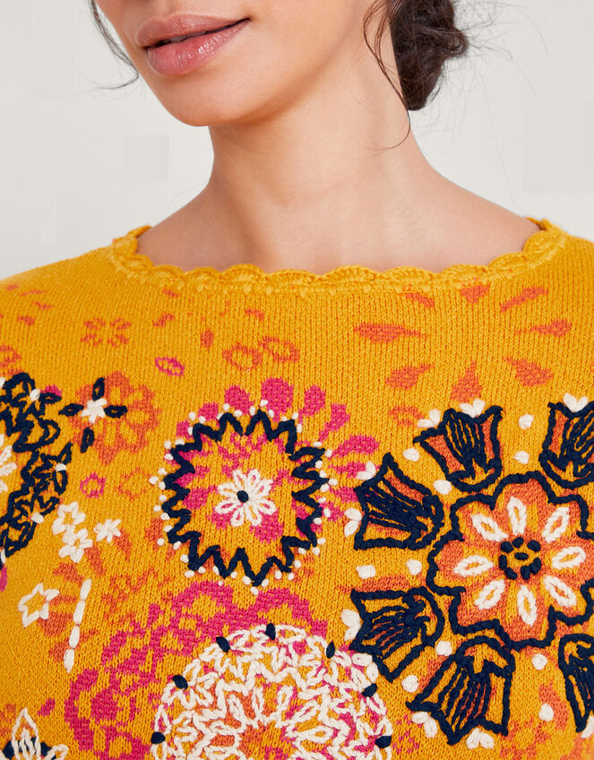 Floral Embroidered Sweater, Yellow (OCHRE), large