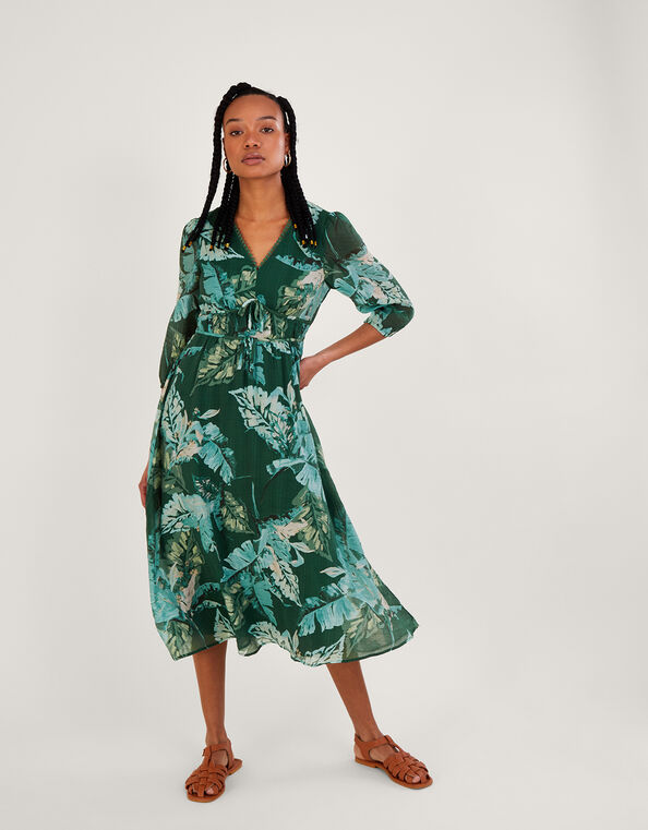 Clara Palm Print Tea Dress with LENZING™ ECOVERO™ , Green (GREEN), large