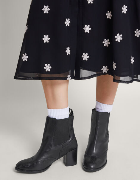 Classic Leather Heeled Brogue Boots, Black (BLACK), large