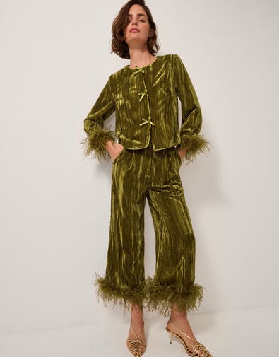 Olivia Feather Cuff Velvet Jacket, Green (OLIVE), large