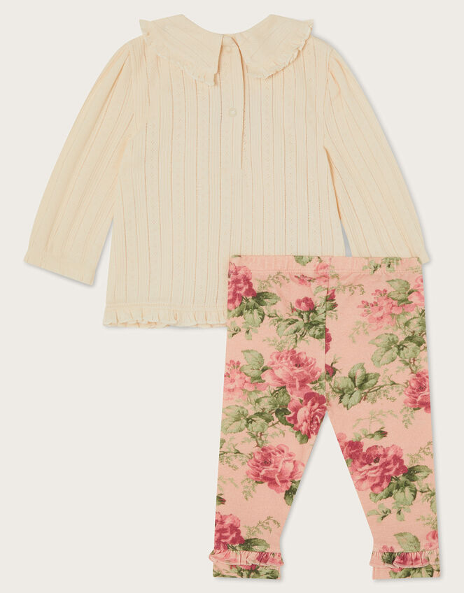 Newborn Betsy Pointelle Top and Floral Leggings Set, Ivory (IVORY), large