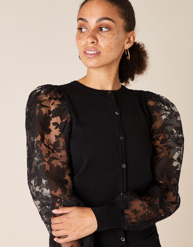 Floral Sleeve Cardigan with Recycled Fabric, Black (BLACK), large