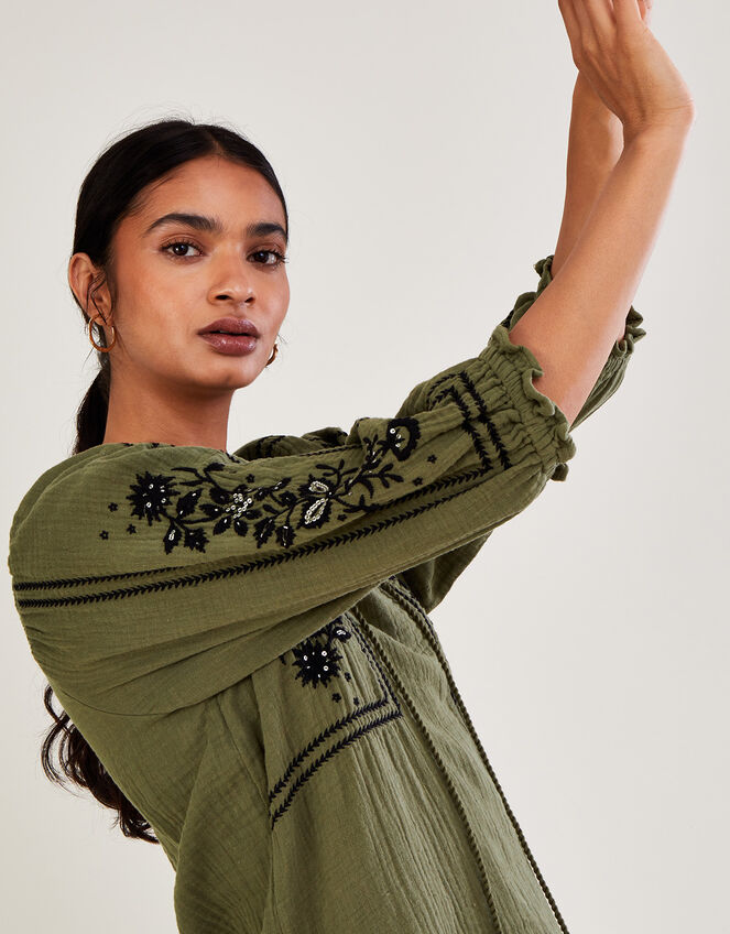 Embellished Double Faced Smock Top, Green (KHAKI), large
