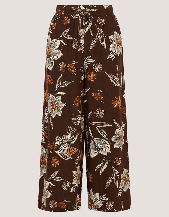 Esther Floral Linen Blend Wide Leg Trousers, Brown (CHOCOLATE), large