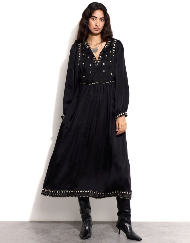 East Embellished Long Sleeve Midi Dress, Black (BLACK), large