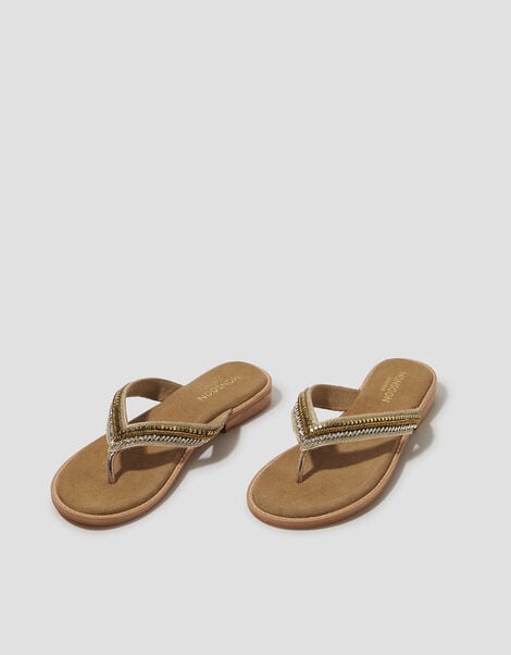 Sia Beaded Leather Flip Flop Sandals, Gold (GOLD), large