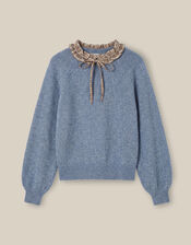 Corie Check Ruffle Collar Jumper, Blue (BLUE), large