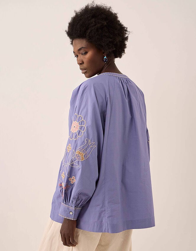East Anyar Embroidered Cotton Blouse, Blue (MID BLUE), large
