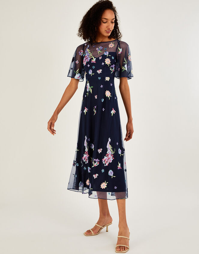 Paula Embellished Midi Dress in Recycled Polyester, Blue (NAVY), large