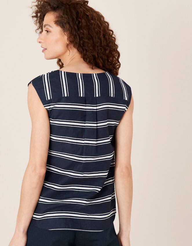 Stripe Sleeveless Top in Linen Blend, Blue (NAVY), large