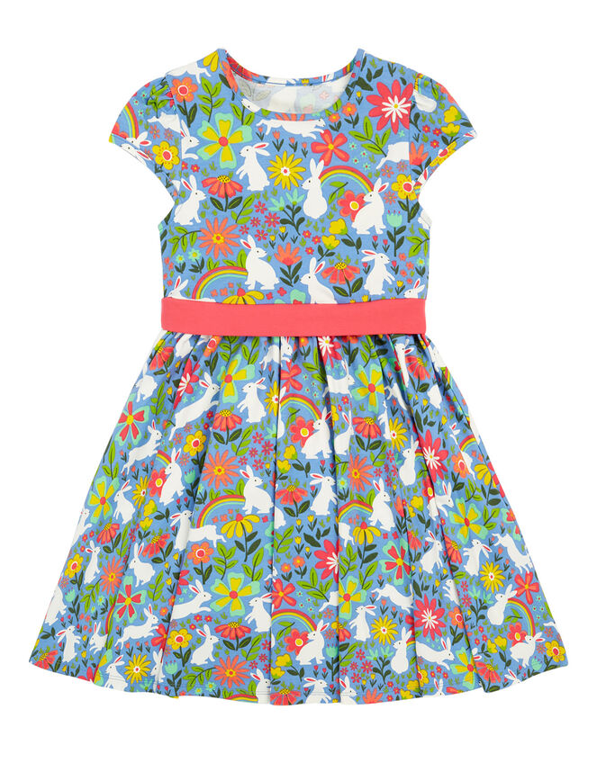 Frugi Issey Bunny Print Party Dress, Blue (BLUE), large