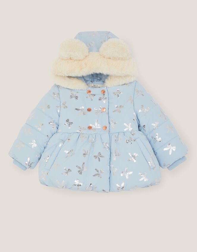 Baby Faux Fur Hooded Bow Coat, Blue (BLUE), large