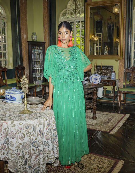 Ottilie Embellished Maxi Dress in Recycled Polyester, Green (GREEN), large