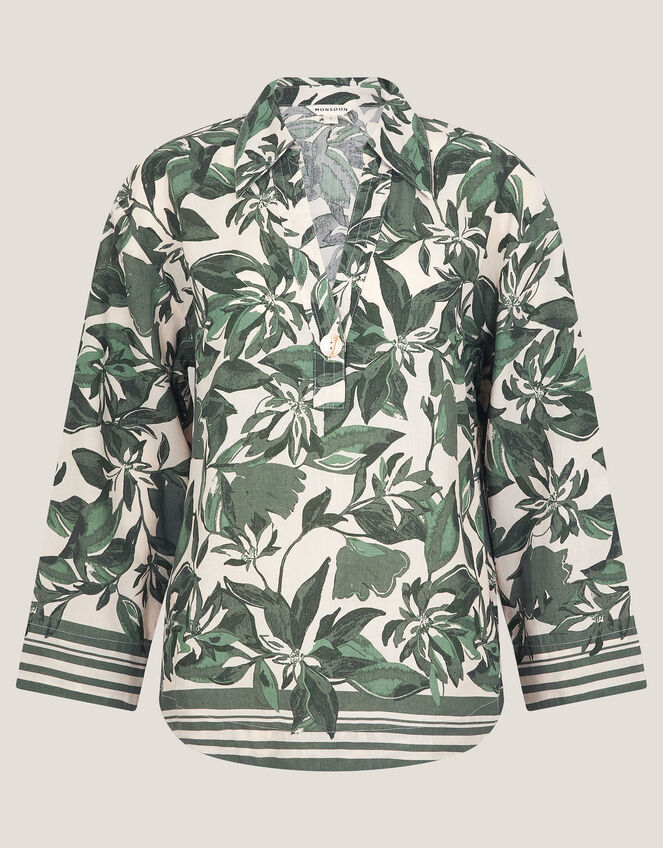 Clover Linen Blend Floral Print Blouse, Green (GREEN), large