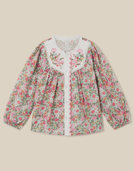 Floral Print Scallop Cotton Blouse, Green (GREEN), large