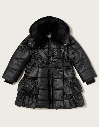 Shimmer Tiered Padded Coat with Hood Black, Black (BLACK), large