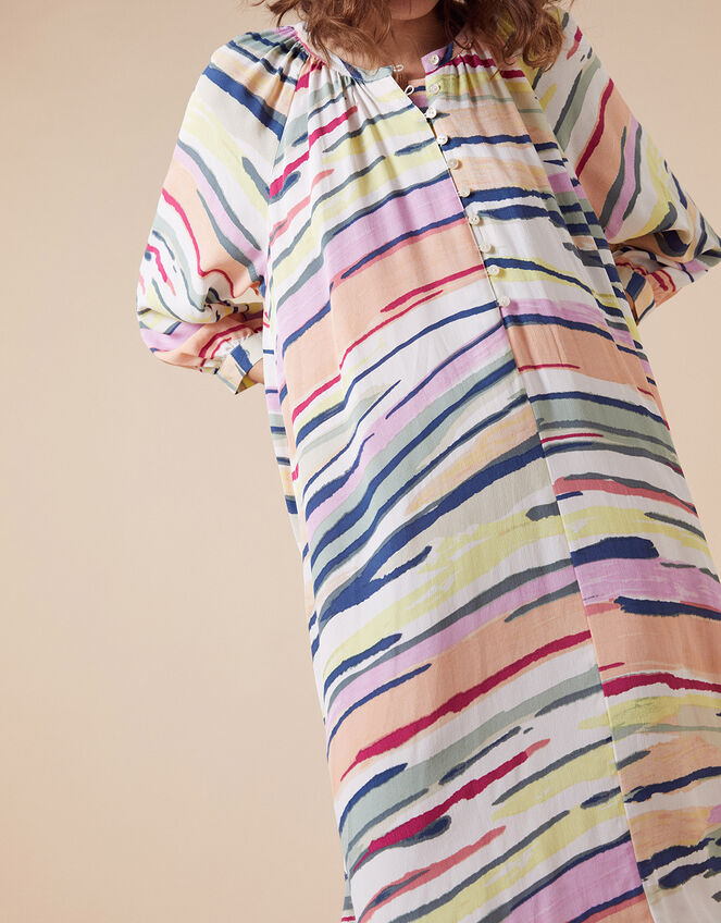 Pastel Stripe Midi Dress in Sustainable Viscose, Ivory (IVORY), large
