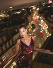 Claire Sleeveless Sequin Midi Dress, Red (RED), large