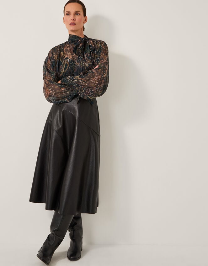 Marnie Faux Leather Midi Skirt, Black (BLACK), large