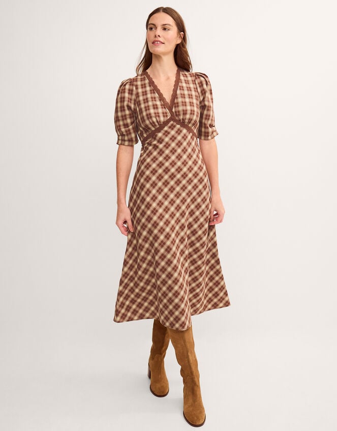 Frankie Check Print Midi Dress, Brown (BROWN), large