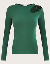 Beaded Cut-Out Detail Jersey Top, Green (KHAKI), large