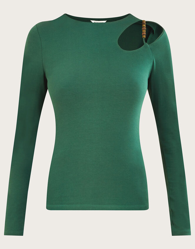 Beaded Cut-Out Detail Jersey Top, Green (KHAKI), large