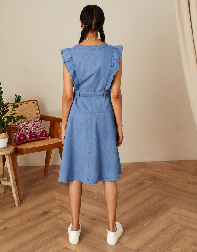 Denim Frill Sleeve Sun Dress in Sustainable Cotton, Blue (DENIM BLUE), large