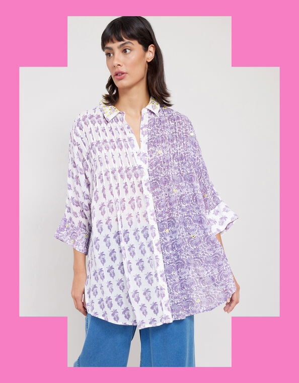East Aoki Oversized Woodblock Shirt, Purple (LILAC), large