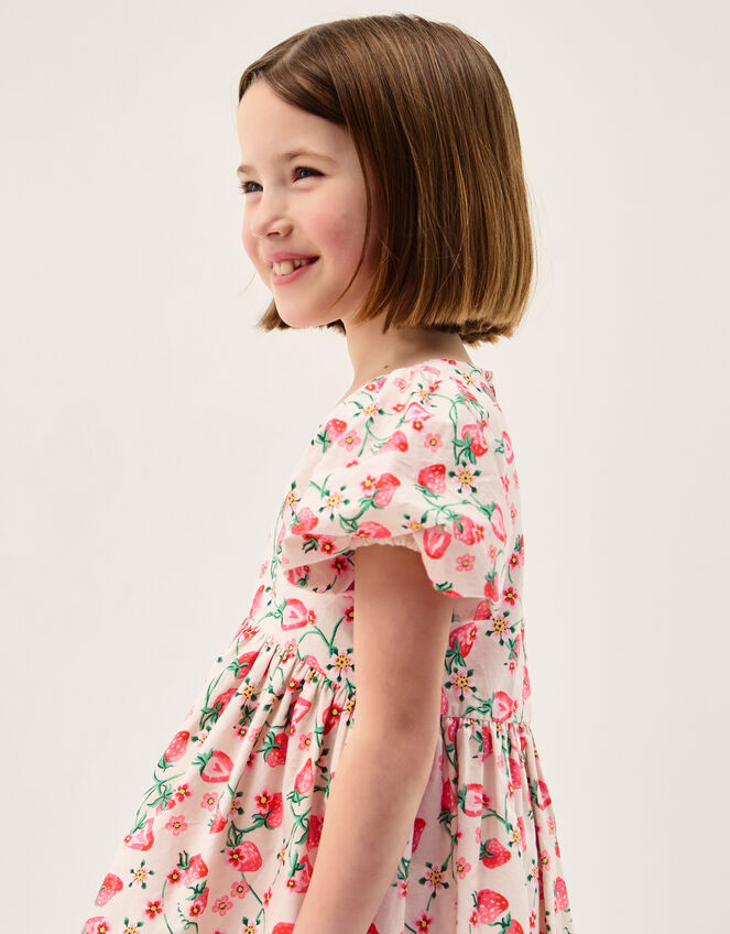 Puff Sleeve Strawberry Print Dress, Ivory (IVORY), large