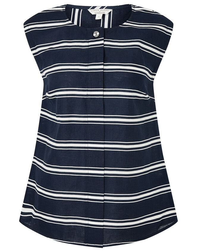 Stripe Sleeveless Top in Linen Blend, Blue (NAVY), large