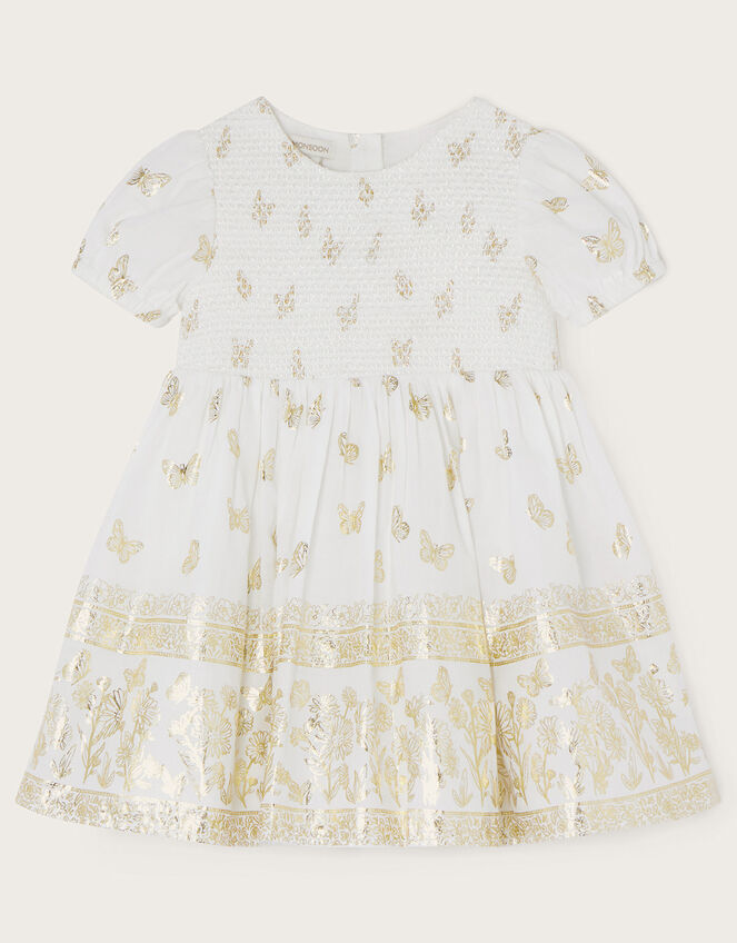 Baby Butterfly Foil Border Dress, Ivory (IVORY), large