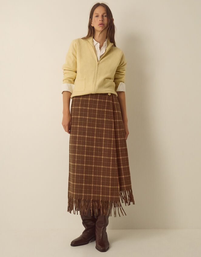 Celeste Check Fringe Midi Skirt, Brown (CHOCOLATE), large