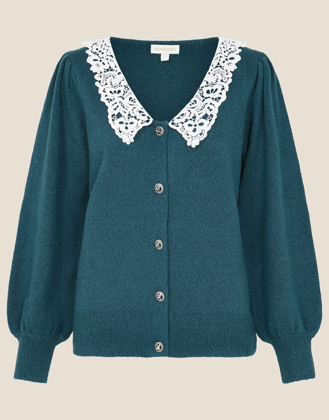 Leila Lace Collar Cardigan, Teal (TEAL), large