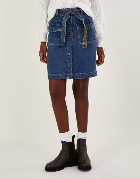 Denim Button Through Belted Skirt with Sustainable Cotton Blue, Blue (INDIGO), large