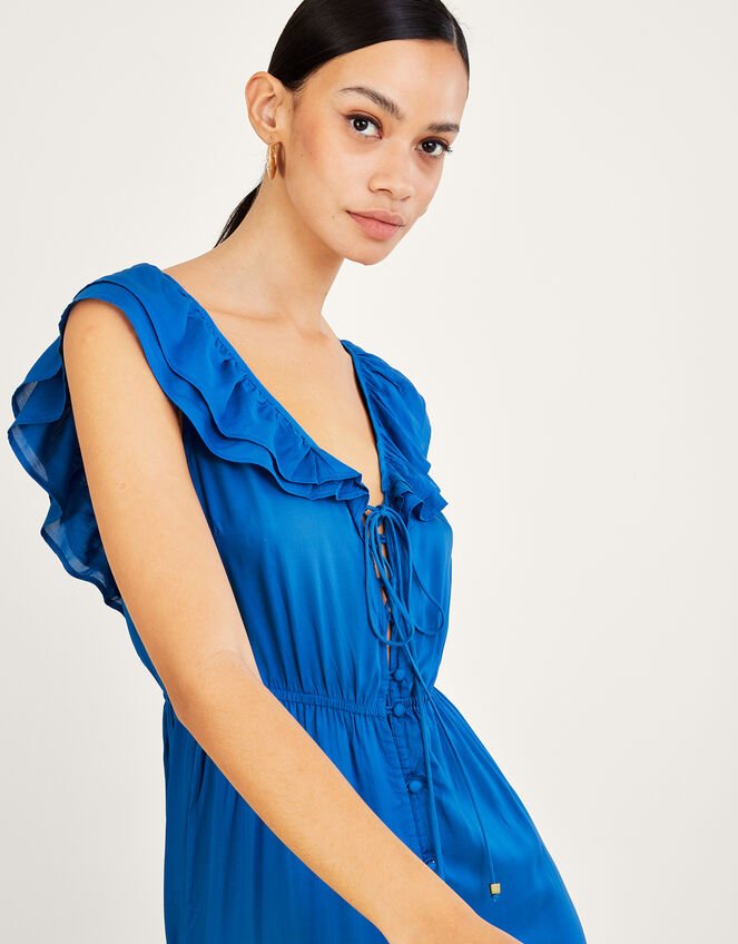 Frill Collar Plain Midi Dress in LENZING™ ECOVERO™, Blue (COBALT), large