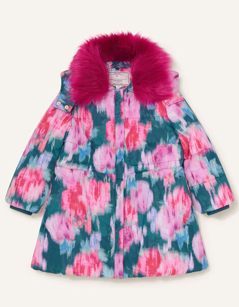 Blurred Floral Padded Coat Teal, Teal (TEAL), large