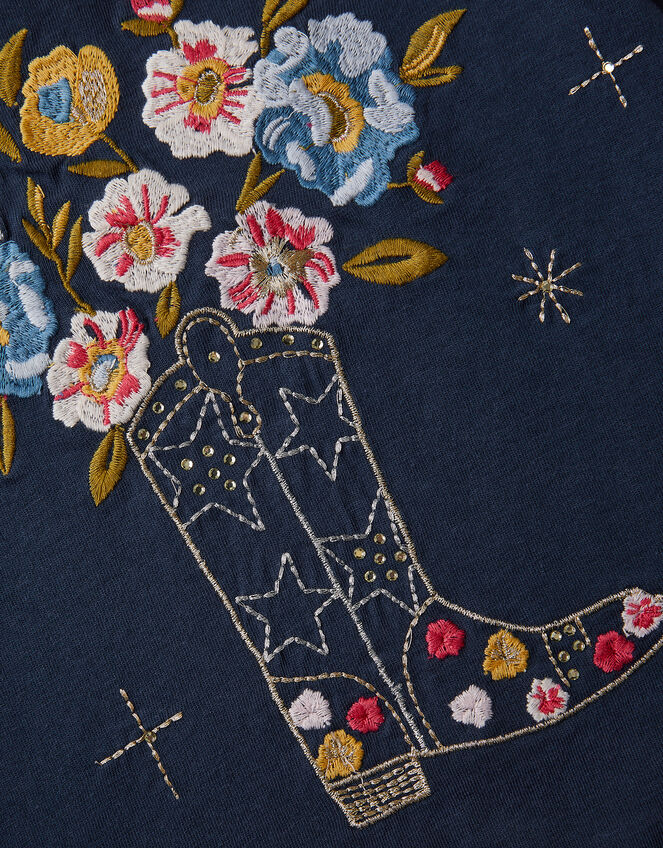 Floral Cowboy Boot Embroidered T-Shirt, Blue (NAVY), large