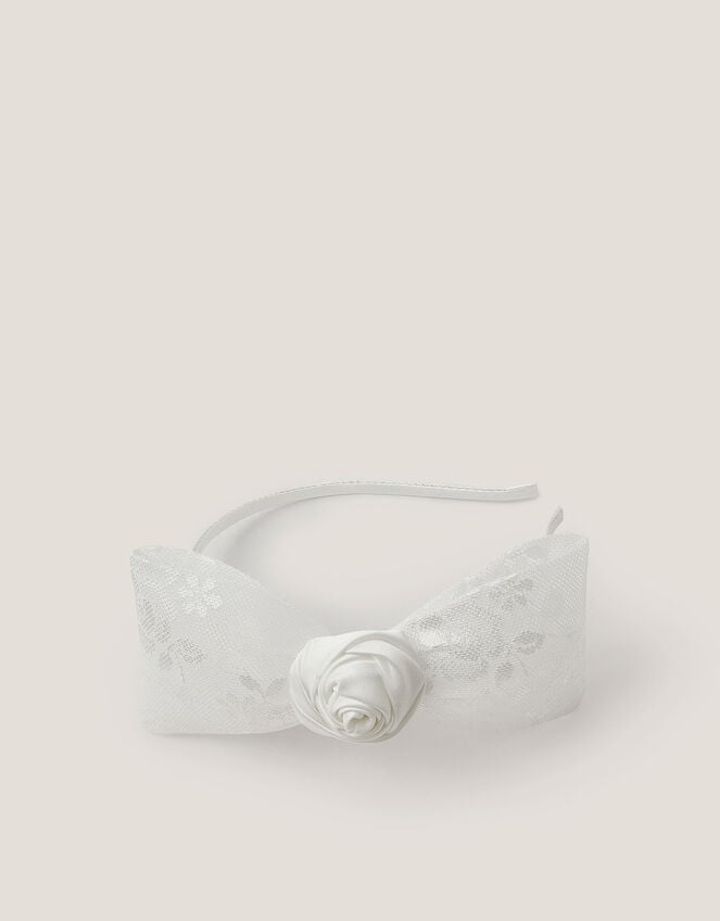 Rosette Bow Satin Hairband, Ivory (IVORY), large