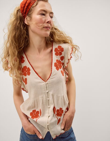 Rhea Embroidered Linen Blend Top, Natural (NATURAL), large