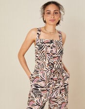 Palm Print Poplin Jumpsuit, Natural (STONE), large