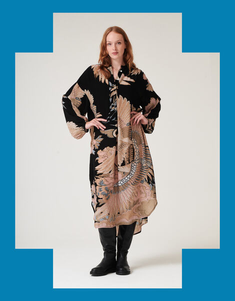 One Hundred Stars Darcy Crane Print Tunic Dress, Black (BLACK), large